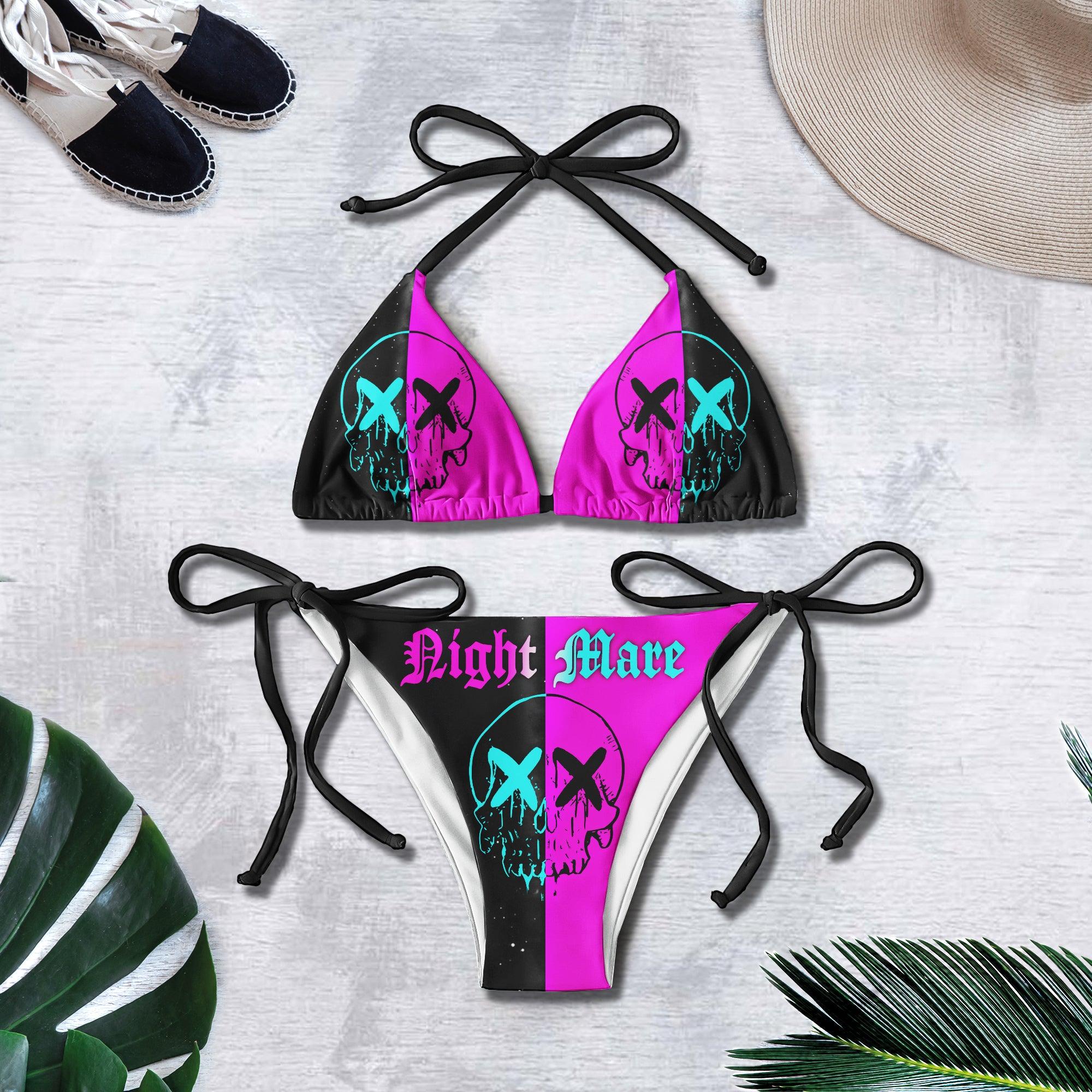 Double Block Color Emo Skull Gothic Micro Triangle Bikini Swimsuit - Wonder Skull
