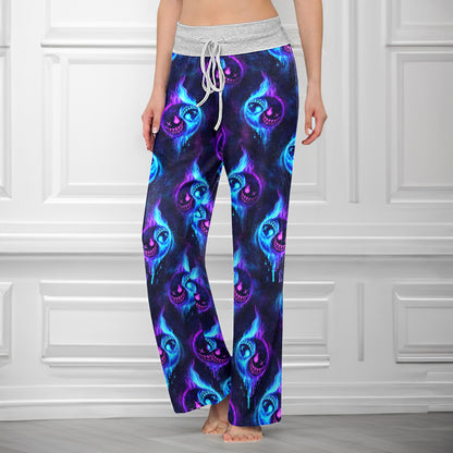 Neon Flame Skull Pattern Women's High-waisted Wide Leg Pants