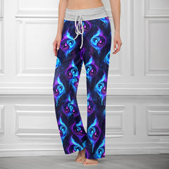 Neon Flame Skull Pattern Women's High-waisted Wide Leg Pants