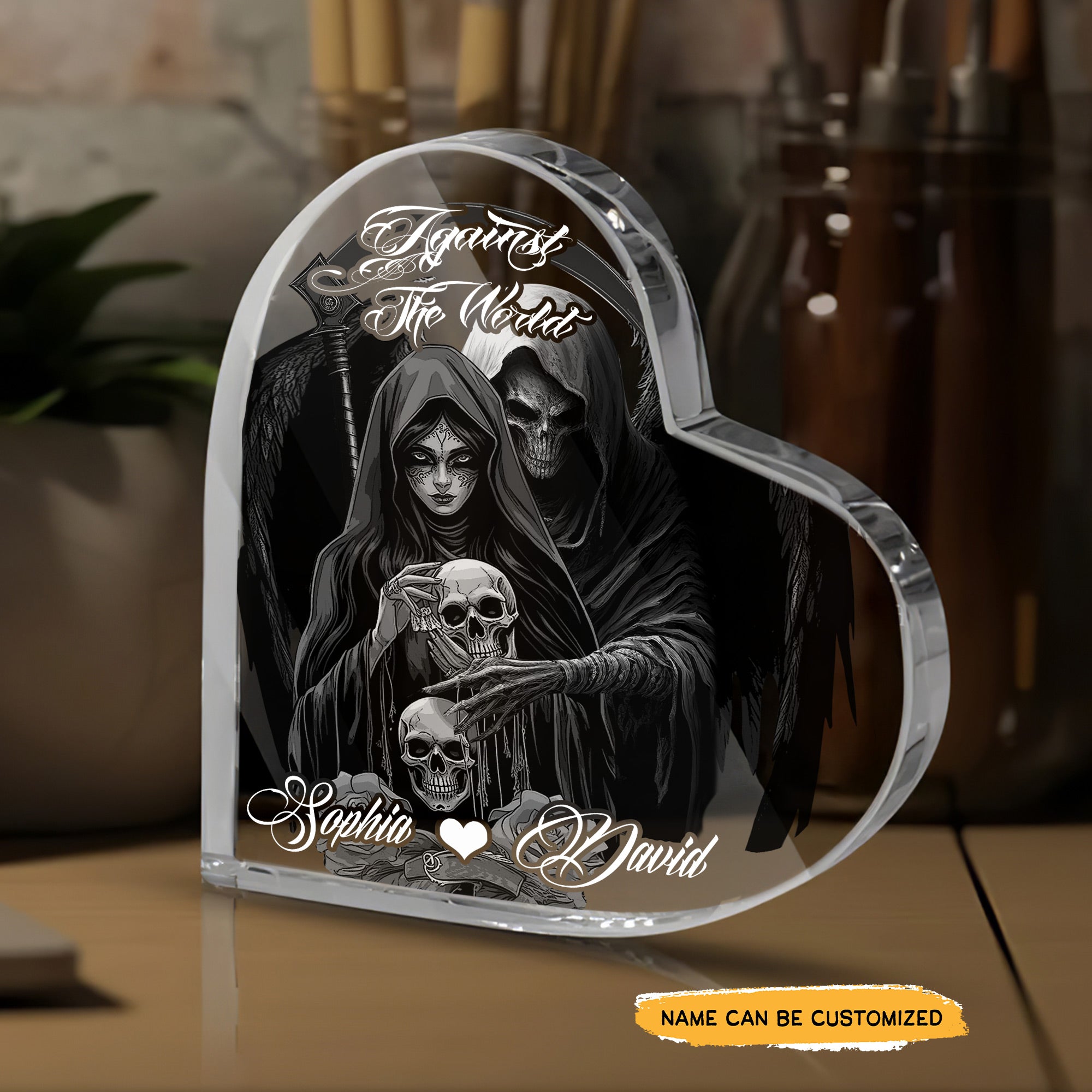 Against Still End - Customized Skull Couple Crystal Heart Anniversary Gifts