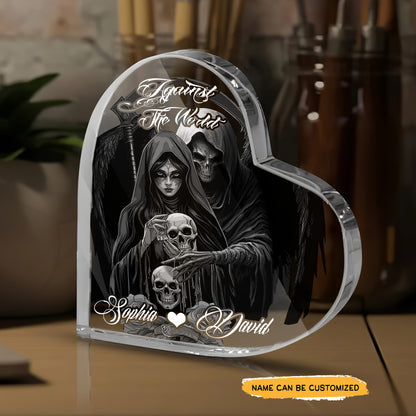 Against Still End - Customized Skull Couple Crystal Heart Anniversary Gifts