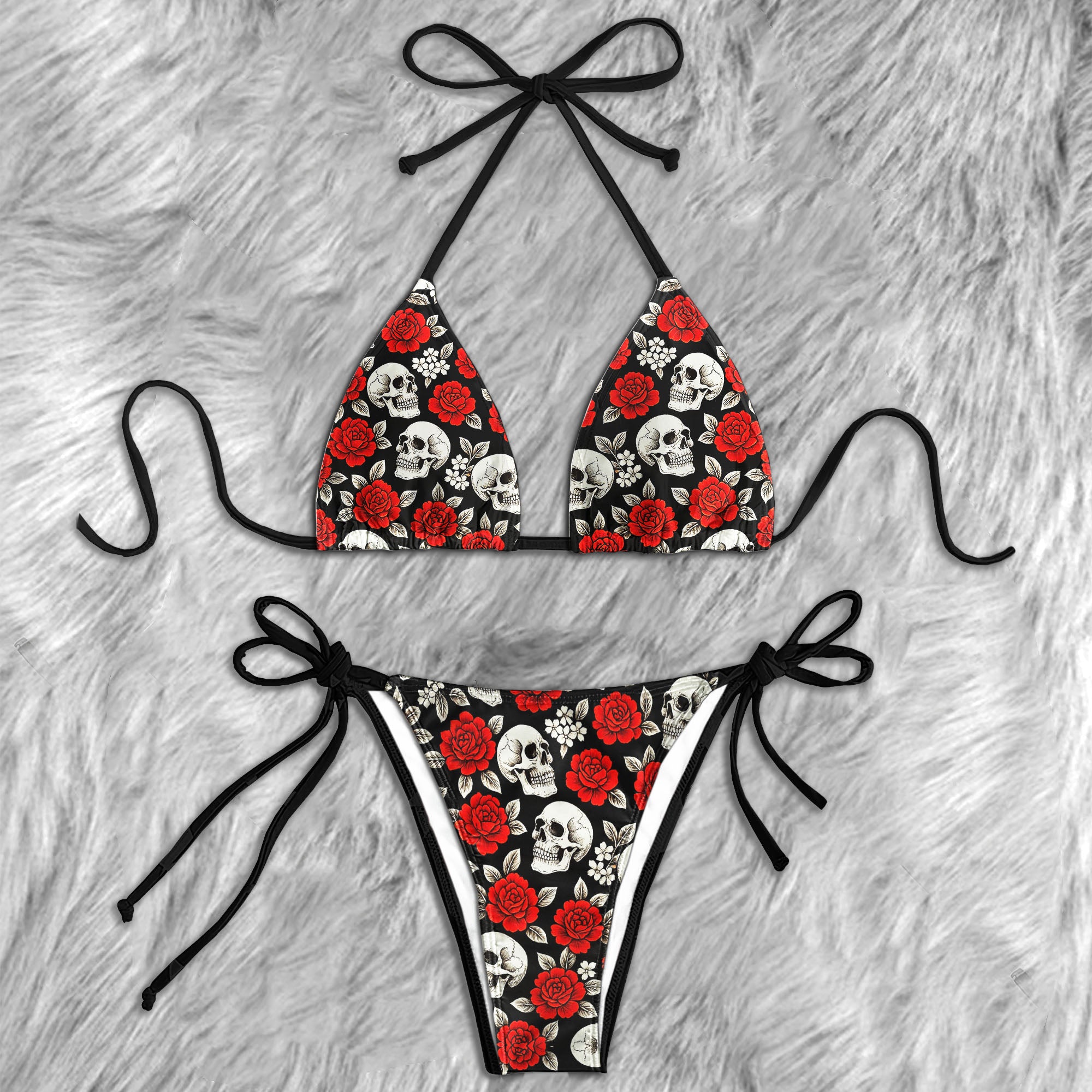 Vintage Skull Red Rose Micro Triangle Bikini Swimsuit