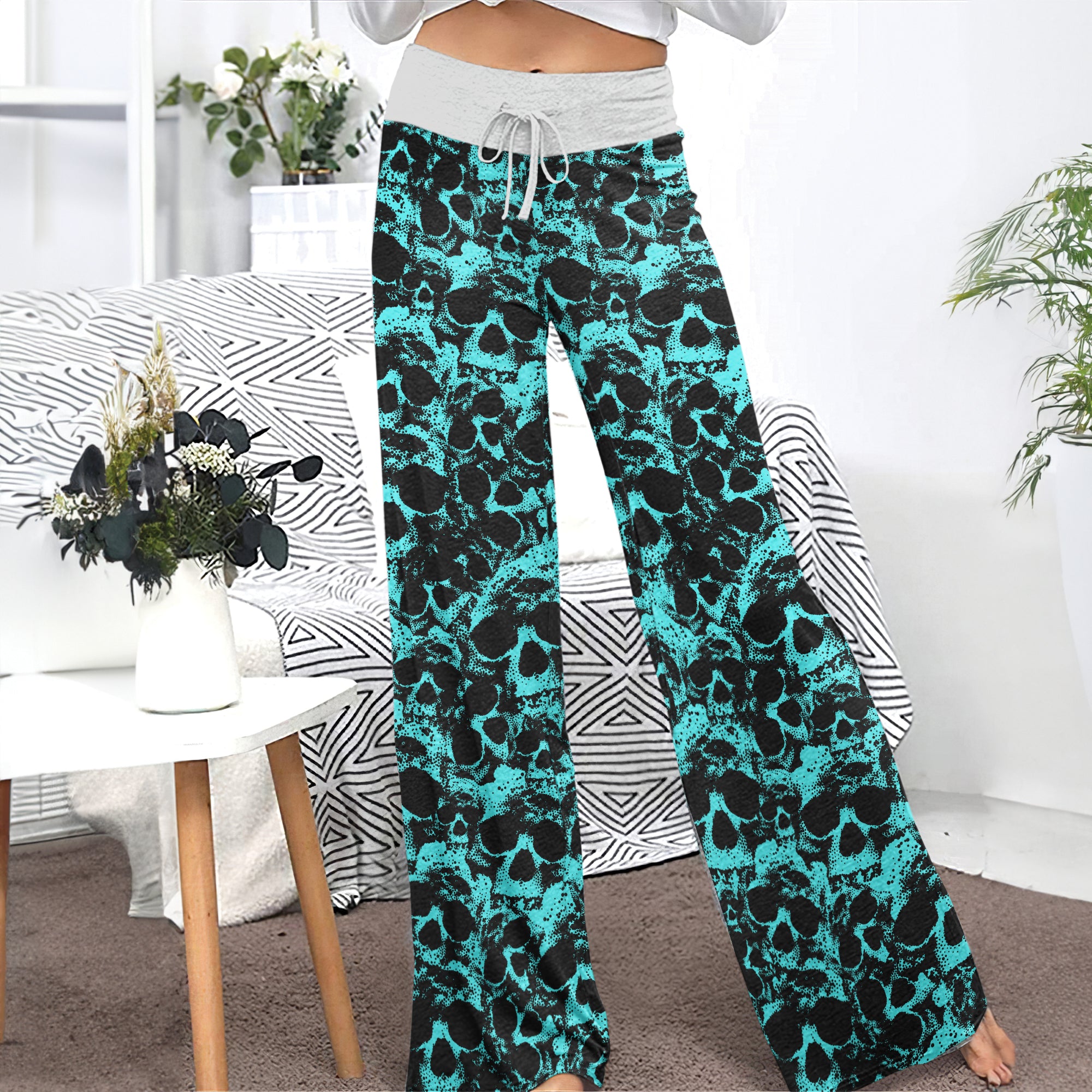 Cyan Skull Pattern Women's High-waisted Wide Leg Pants