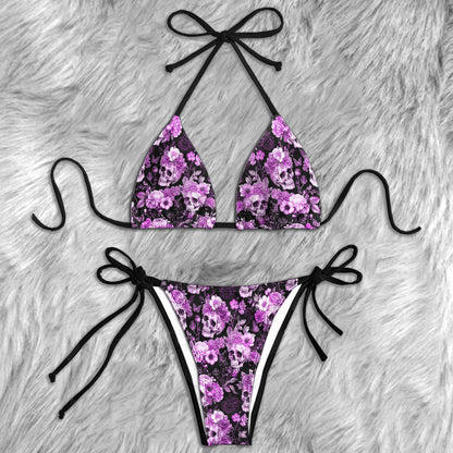 Dark Violet Floral Bones Micro Triangle Bikini Swimsuit