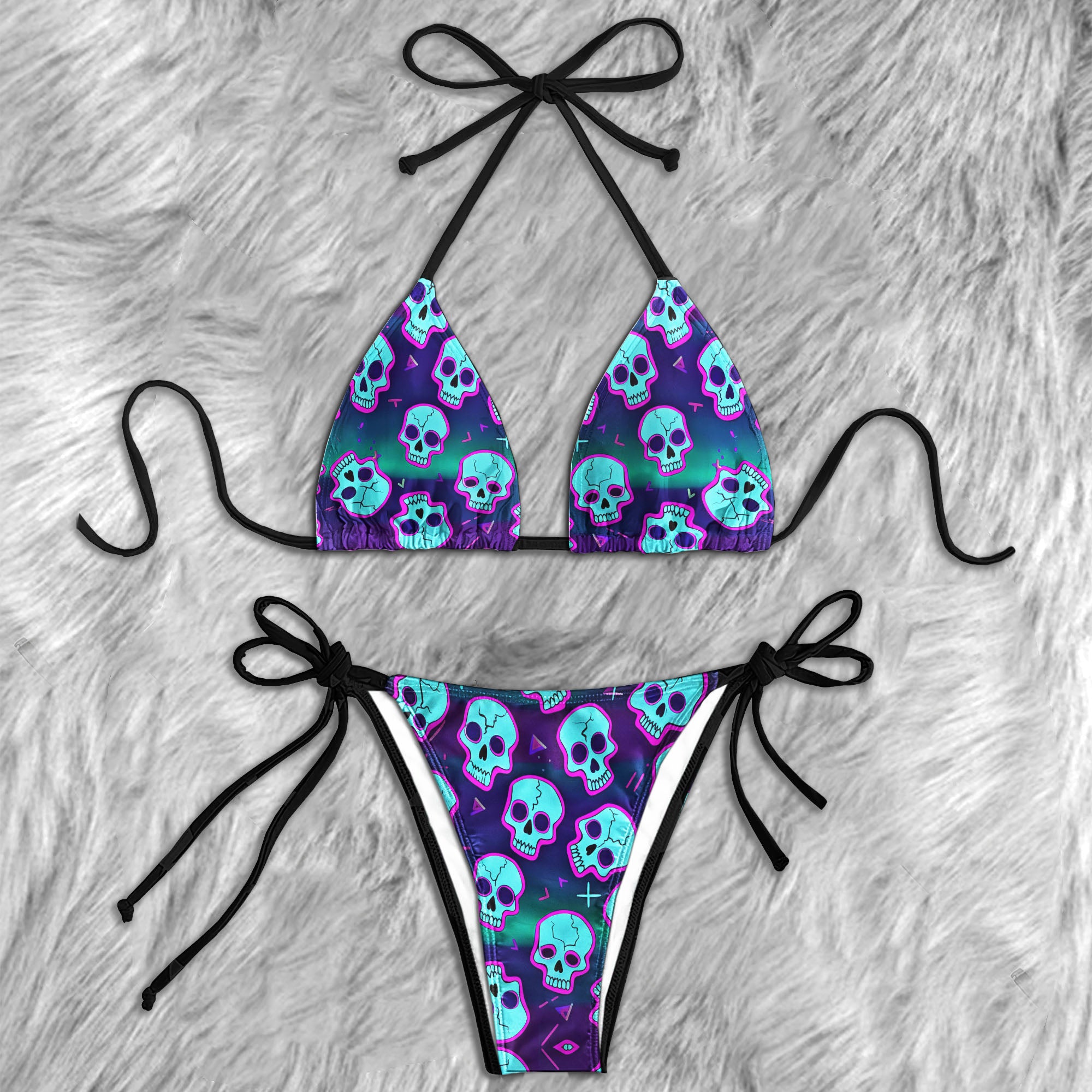 Cyan Magenta Art Skull Micro Triangle Bikini Swimsuit