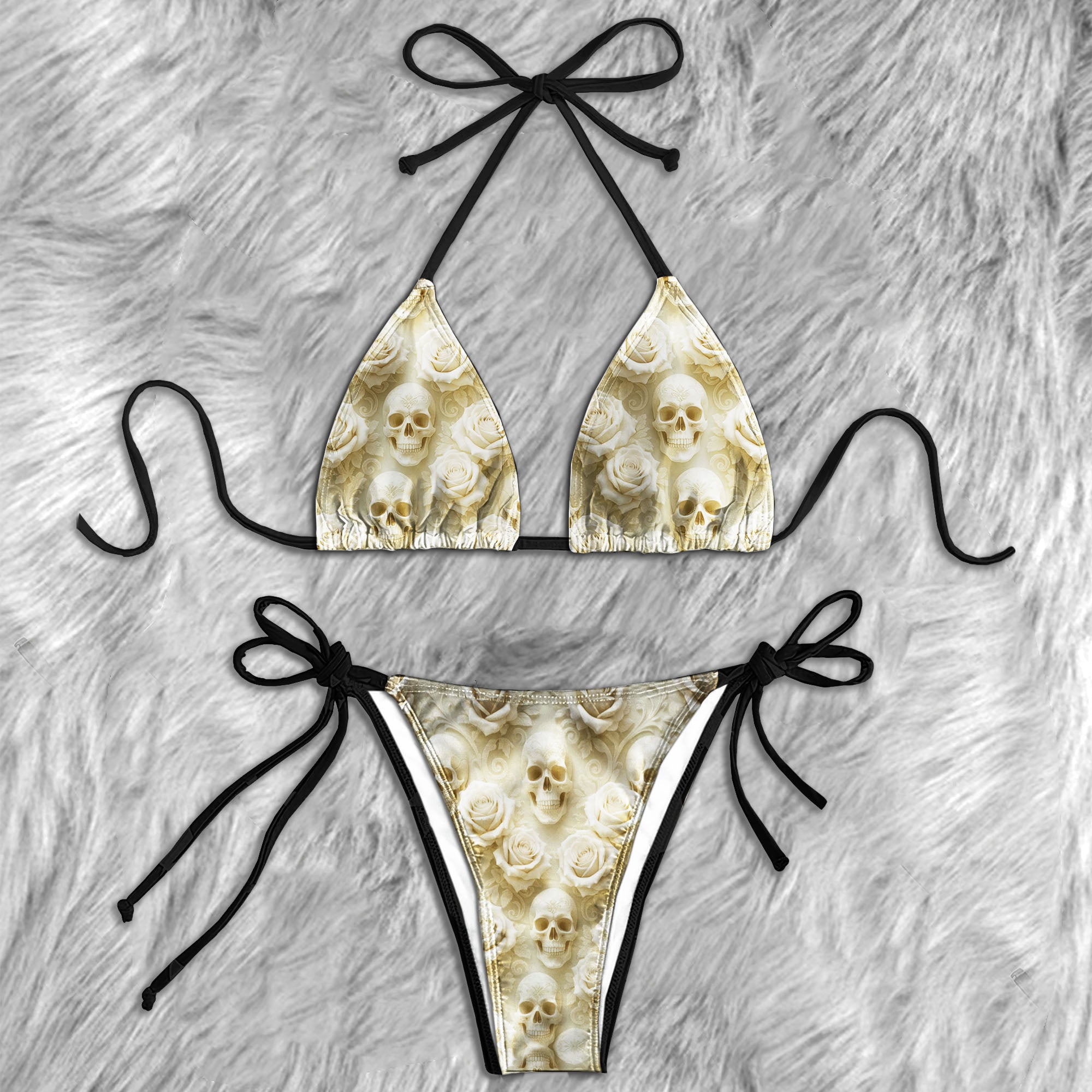 Elegant Sculpted Floral Skull Micro Triangle Bikini Swimsuit