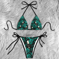 Cyan Bloom Skull Art Micro Triangle Bikini Swimsuit