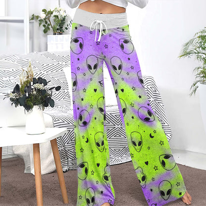 Neon Acid Alien Pattern Women's High-waisted Wide Leg Pants