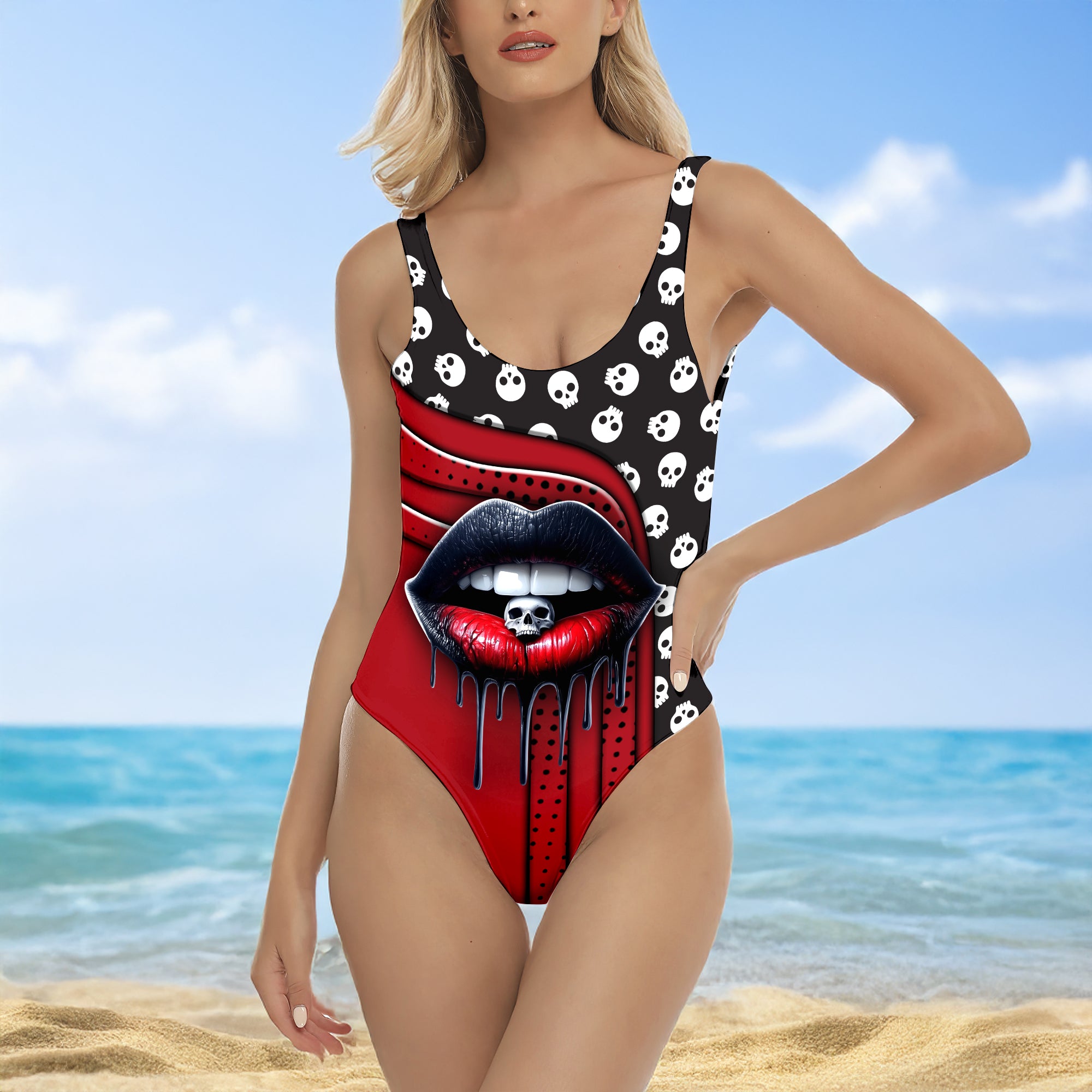 One Piece Bikini Black and Red Skull Lip Print Swimwear