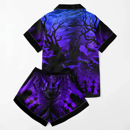 Purple Night Moon Women's Pajama Sets Top Sleeve & Short Bottom