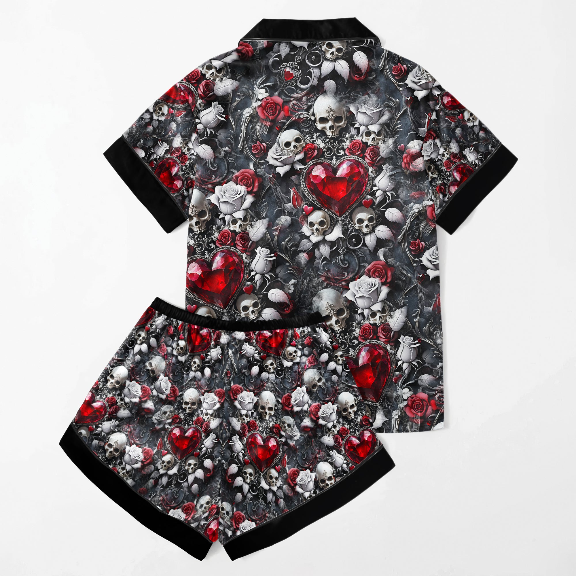 Skull Diamond Rose Pattern Women's Pajama Sets Top Sleeve & Short Bottom