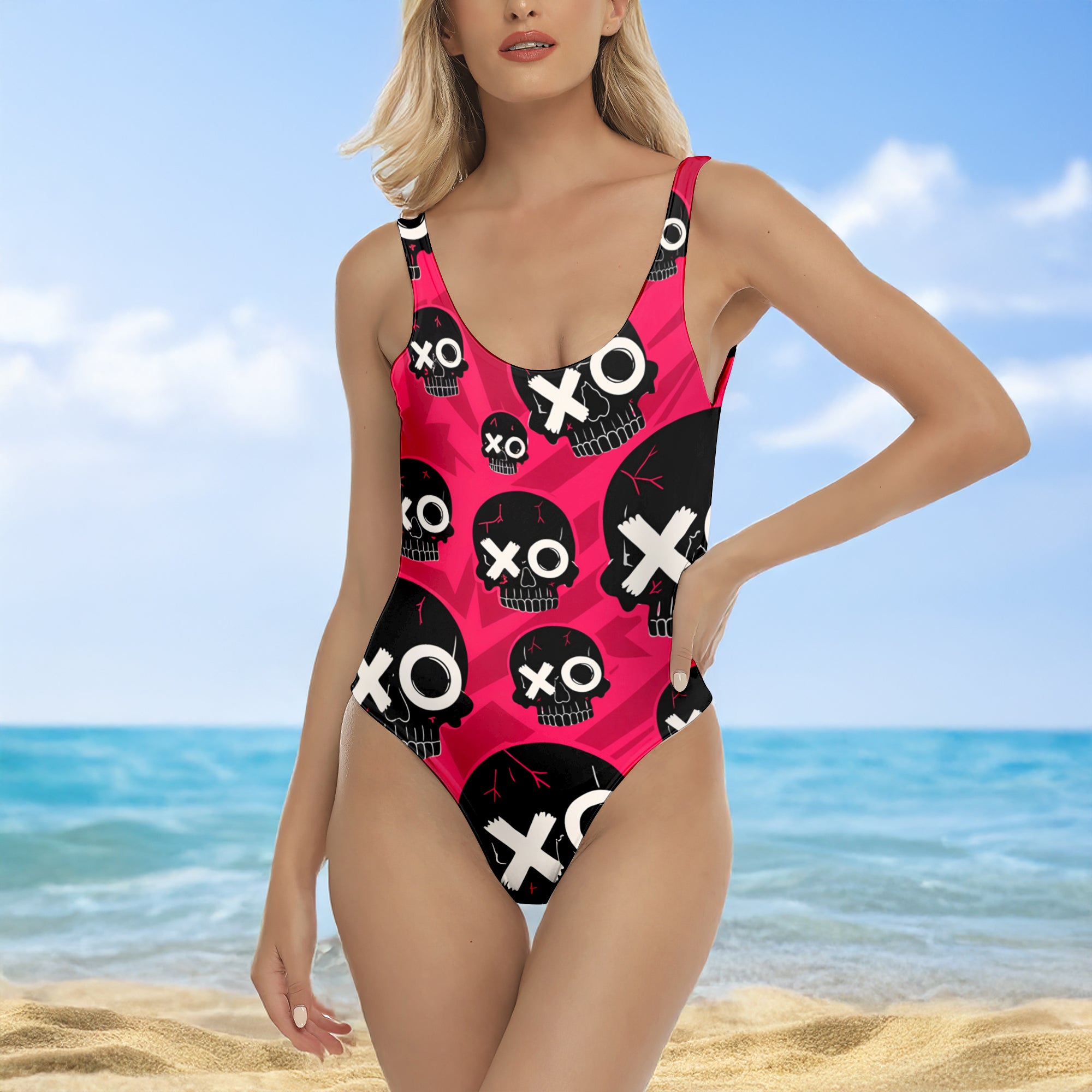 One Piece Bikini Street Vibe Skull Pattern Print Swimwear