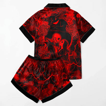 Red Midnight Romance Women's Pajama Sets Top Sleeve & Short Bottom