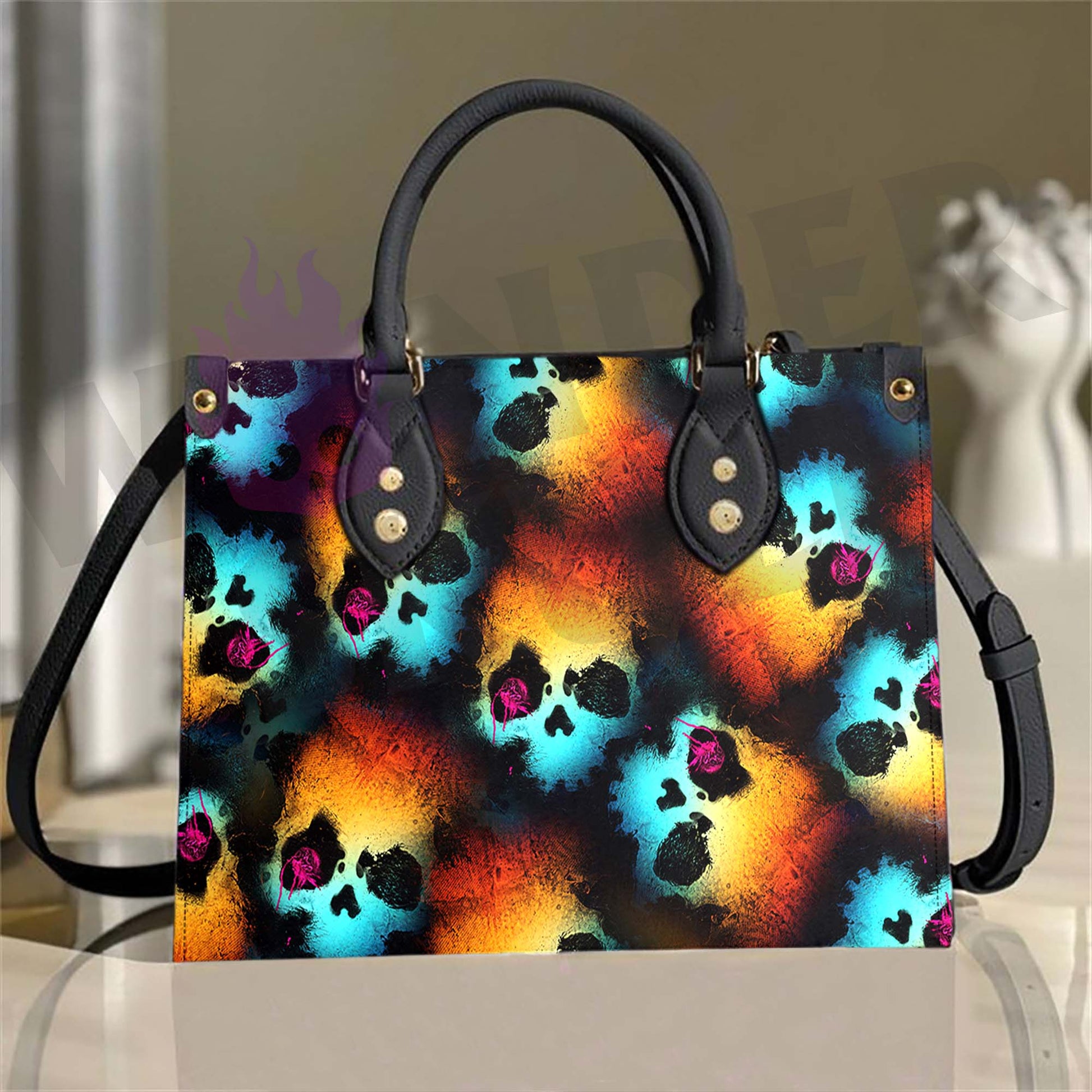 Wonder Skull structured tote bag solves the "I can't find anything in my bag" problem. The roomy interior fits your tablet, phone, wallet, water bottle, umbrella, and cosmetics — without the overstuffed look. Multiple interior pockets keep everything organized, so you're never digging around at checkout. Reinforced rivet corners and quality metal hardware ensure the bag holds up to daily use. Whether you're heading to work, running errands, or catching a flight, this tote keeps you looking put-together.