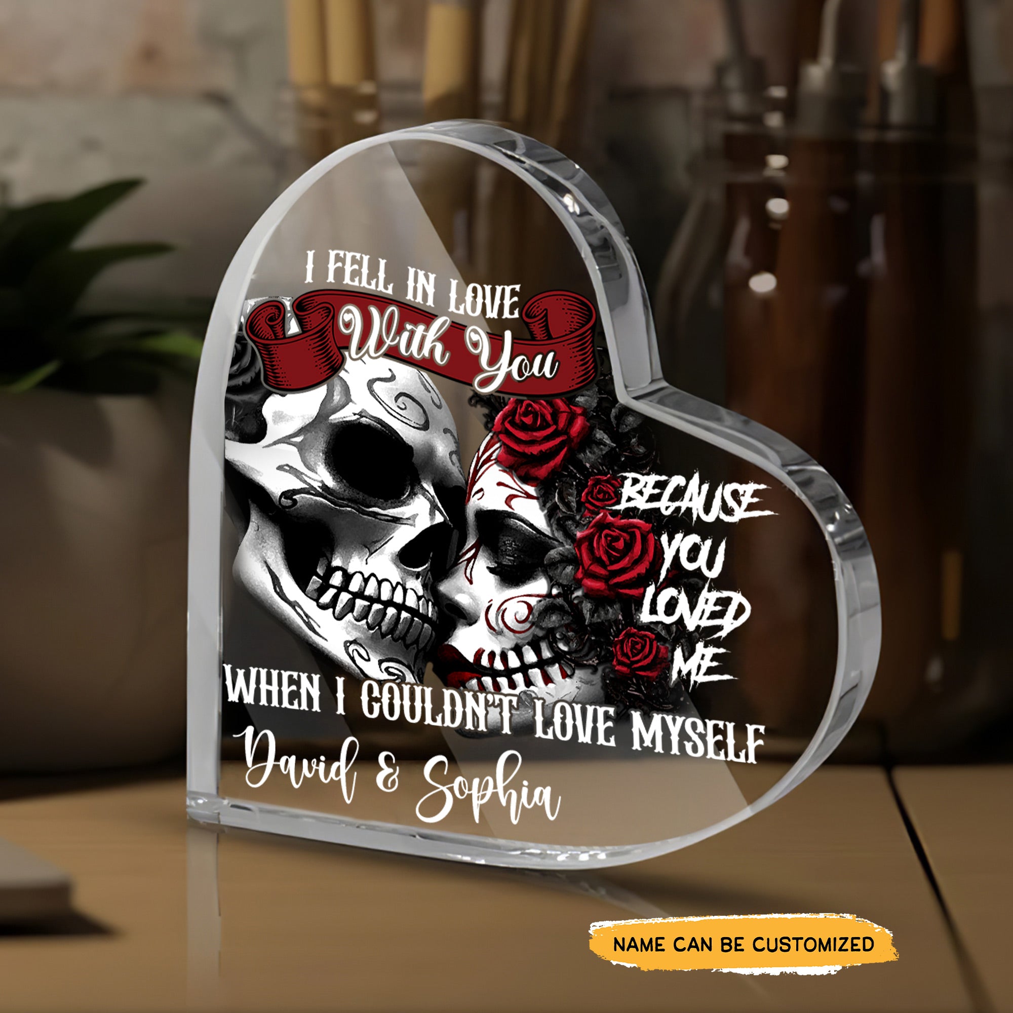 In Love With - Customized Skull Couple Crystal Heart Anniversary Gifts