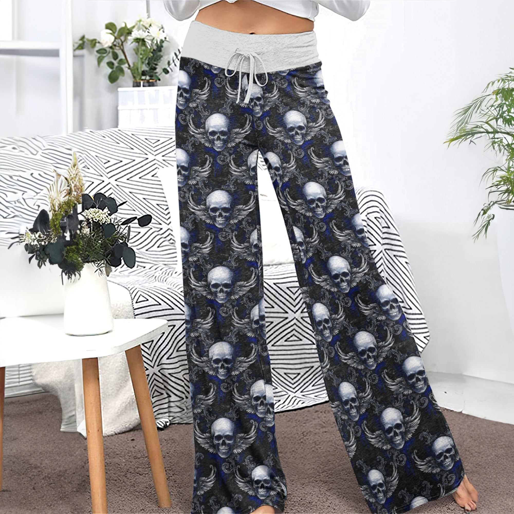 Gothic Winged Skull Damask Women's High-waisted Wide Leg Pants