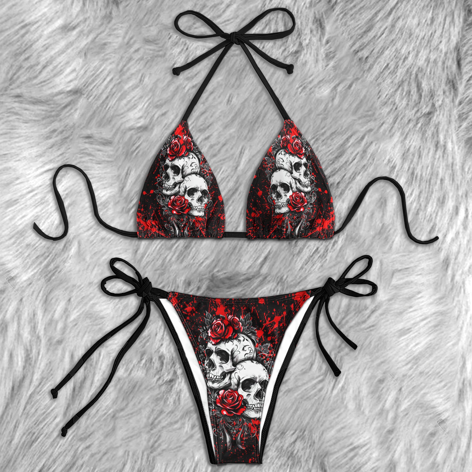 Red Skulls Floral Rose Micro Triangle Bikini Swimsuit