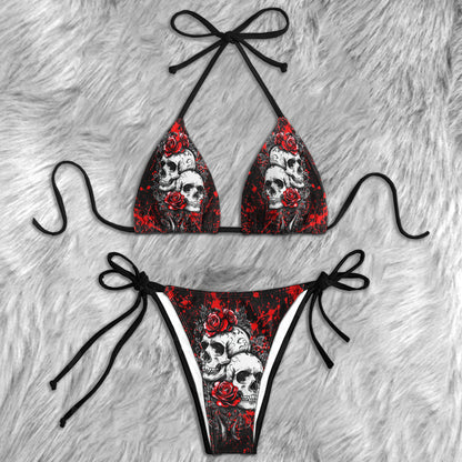 Red Skulls Floral Rose Micro Triangle Bikini Swimsuit