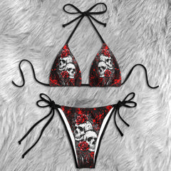 Red Skulls Floral Rose Micro Triangle Bikini Swimsuit