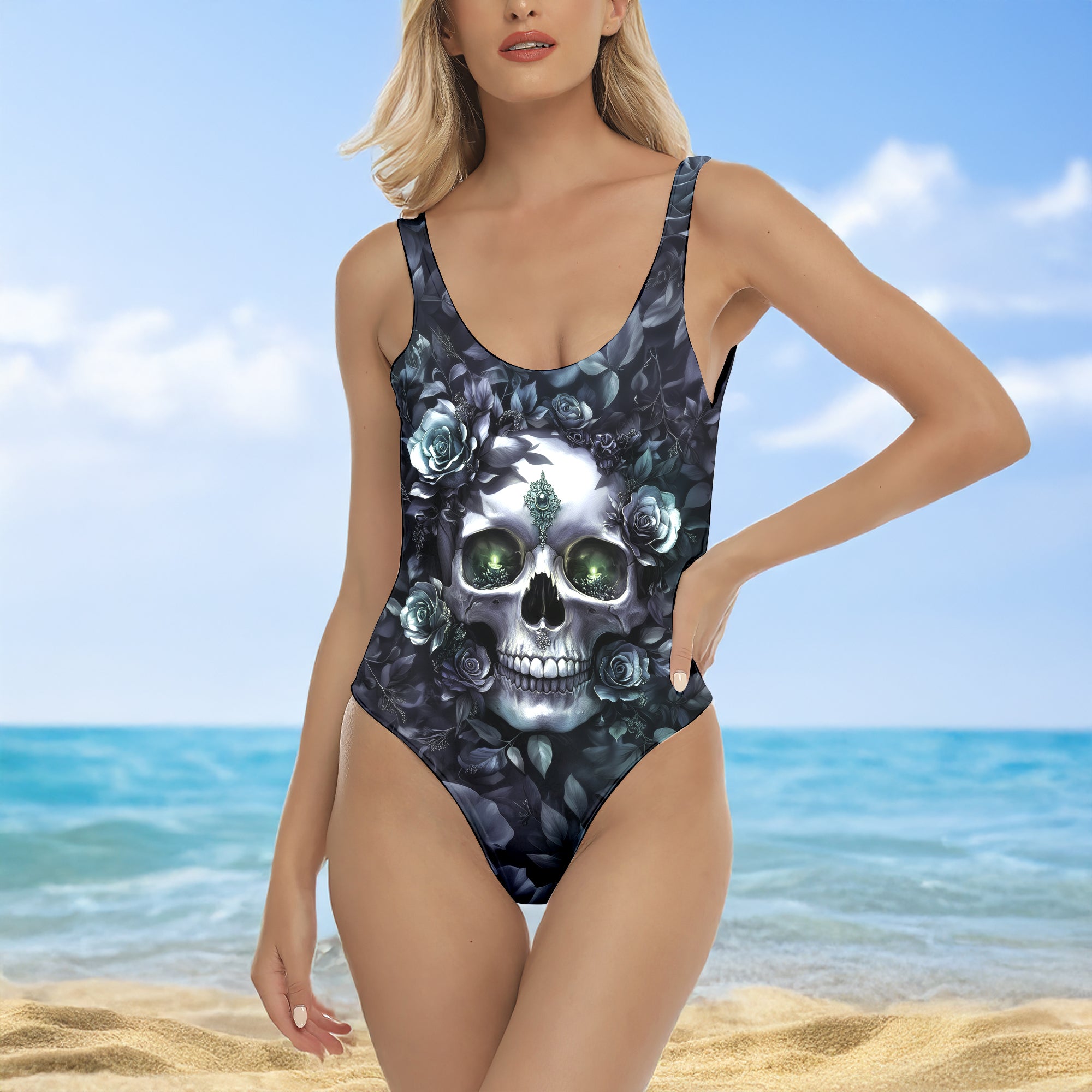 One Piece Bikini Gothic Rose Skull Print Swimwear