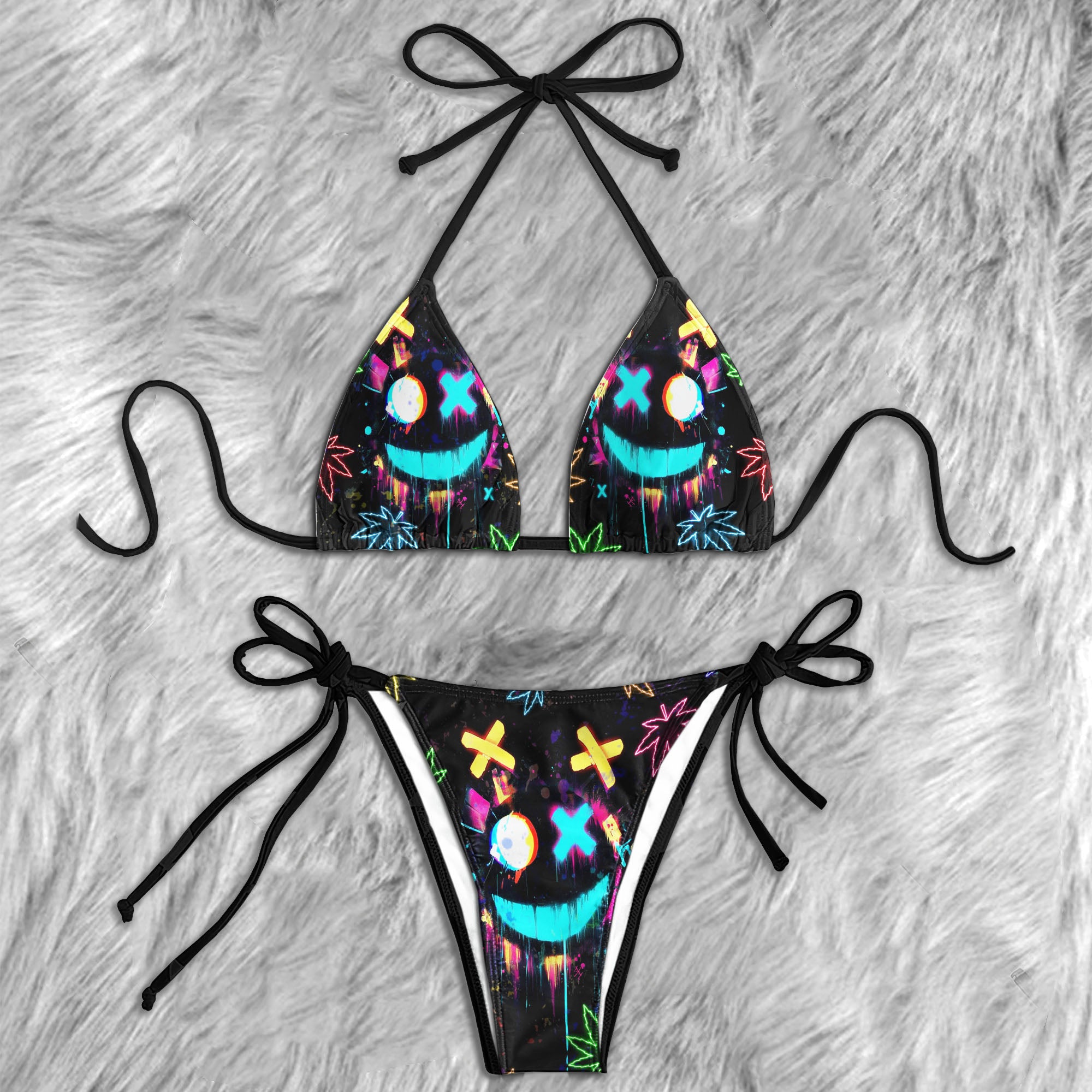 Neon Smiling Leaf Art Micro Triangle Bikini Swimsuit