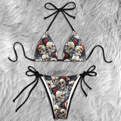 Vintage Skull Rose Monogram Micro Triangle Bikini Swimsuit