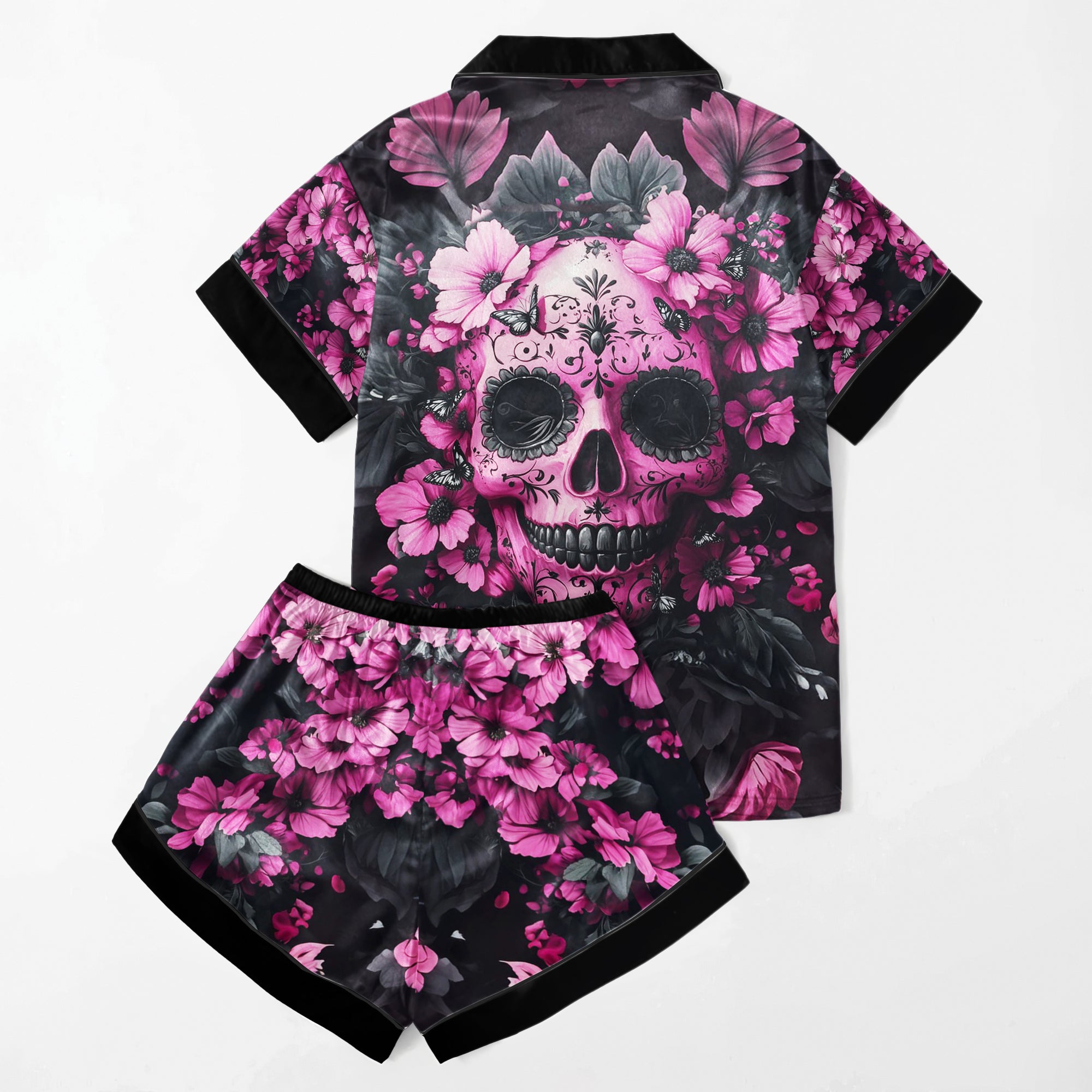 Pink Skull Flower Women's Pajama Sets Top Sleeve & Short Bottom