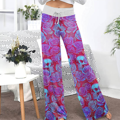 Purple Neon Skull Rose Women's High-waisted Wide Leg Pants