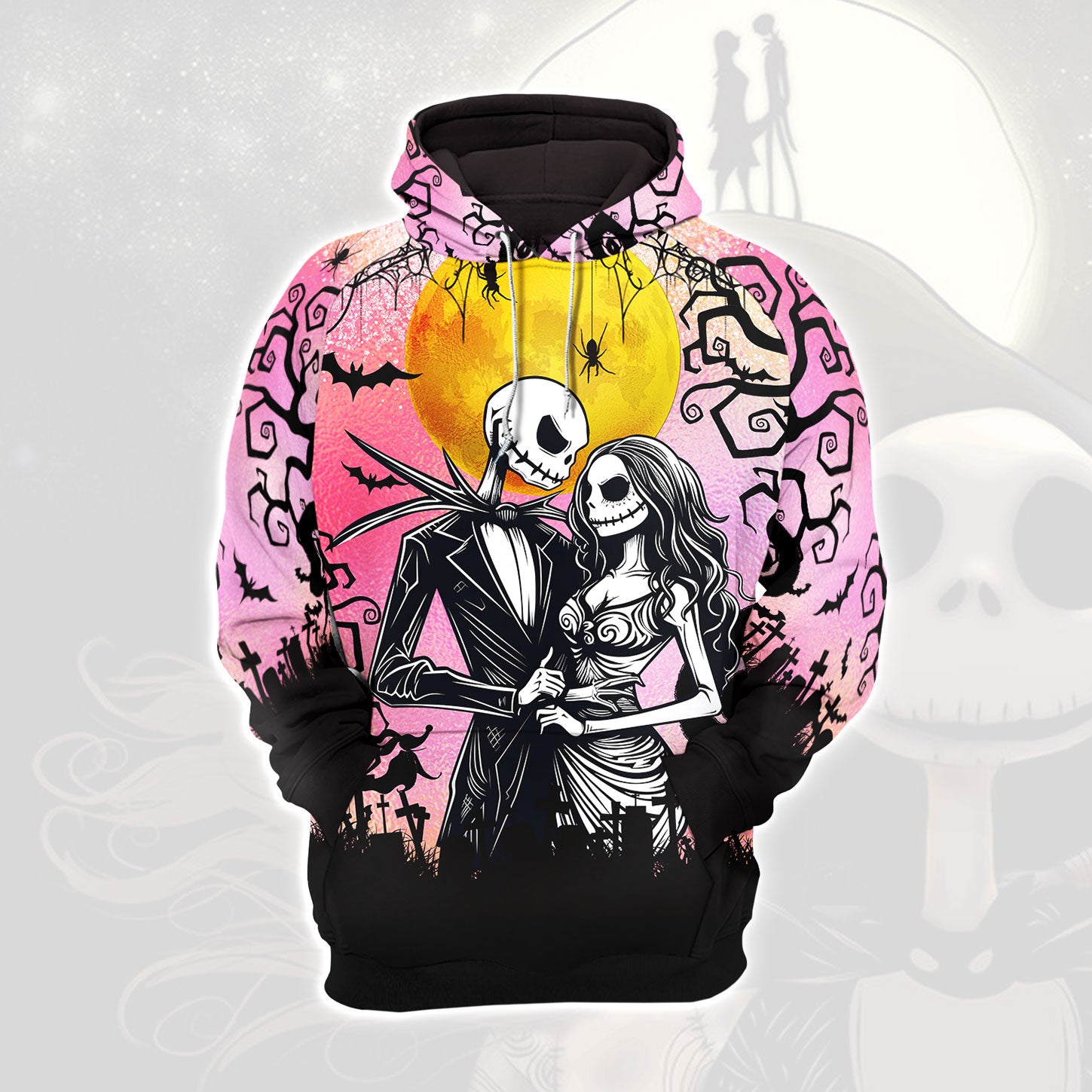 Pink Couple Nightmare Theme Combo Hoodie and Leggings - Dark and edgy matching set with skull designs for a unique and stylish look