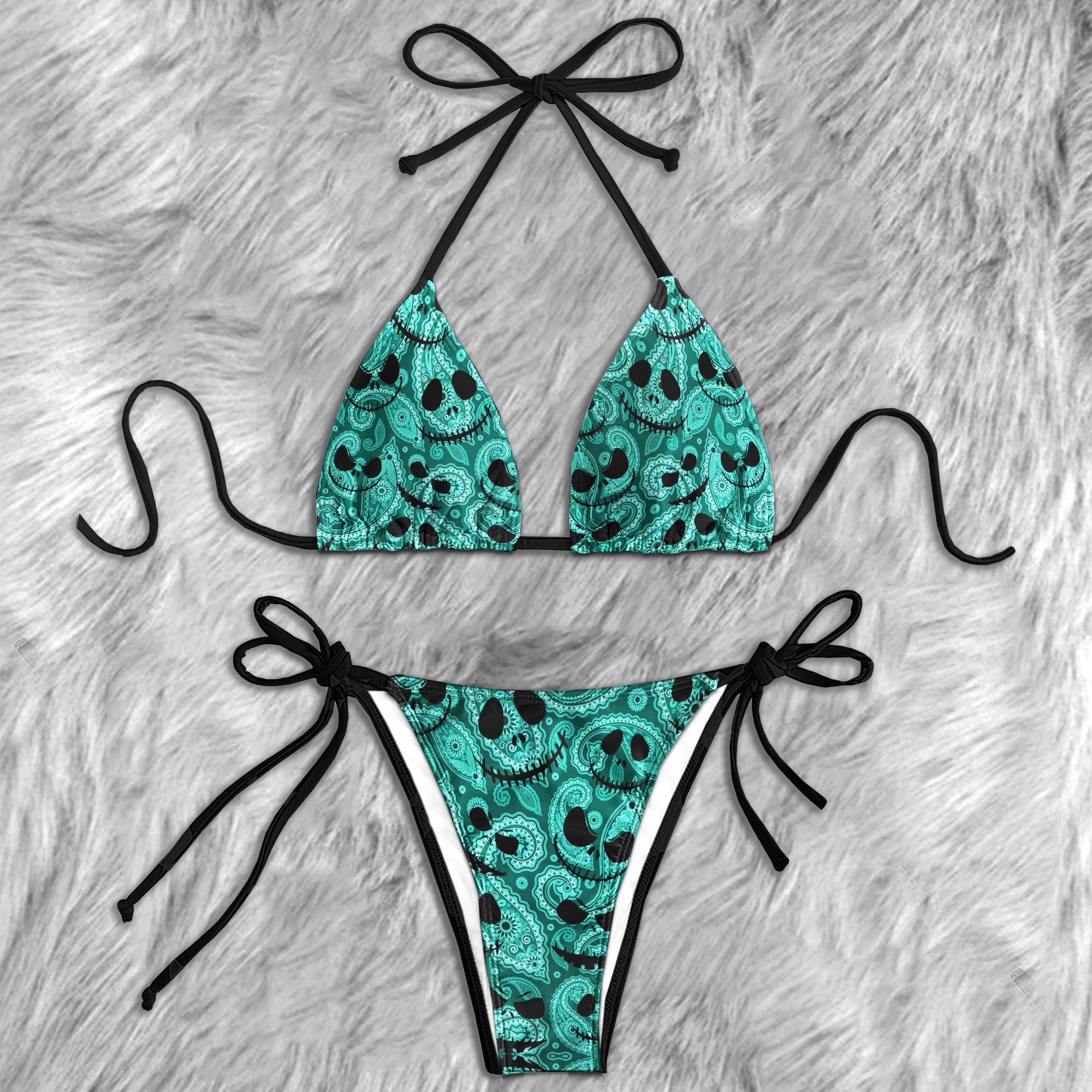 Cyan Paisley Skull Pattern Micro Triangle Bikini Swimsuit