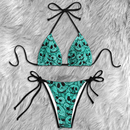 Cyan Paisley Skull Pattern Micro Triangle Bikini Swimsuit