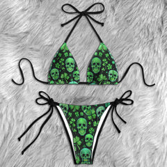 Green Shamrock Ornate Skull Micro Triangle Bikini Swimsuit