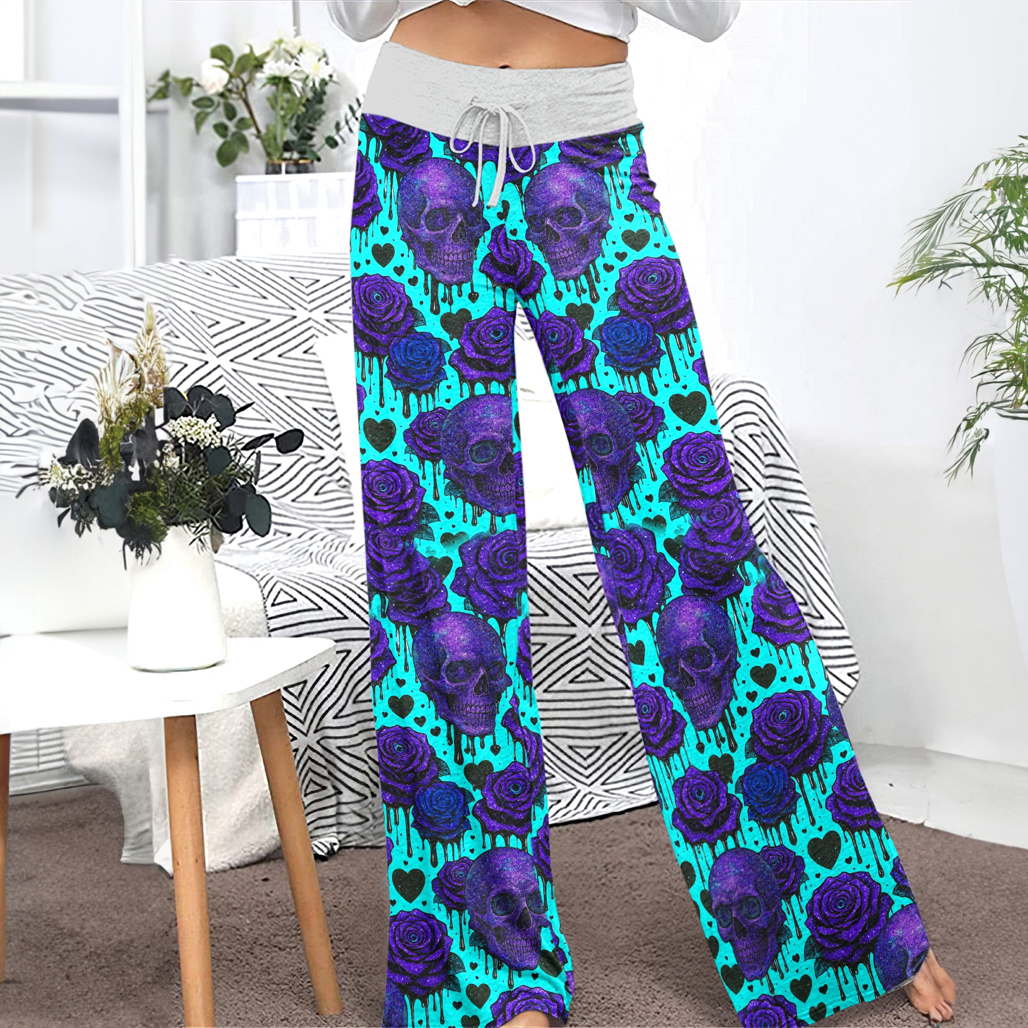 Neon Skull Rose Melting Women's High-waisted Wide Leg Pants