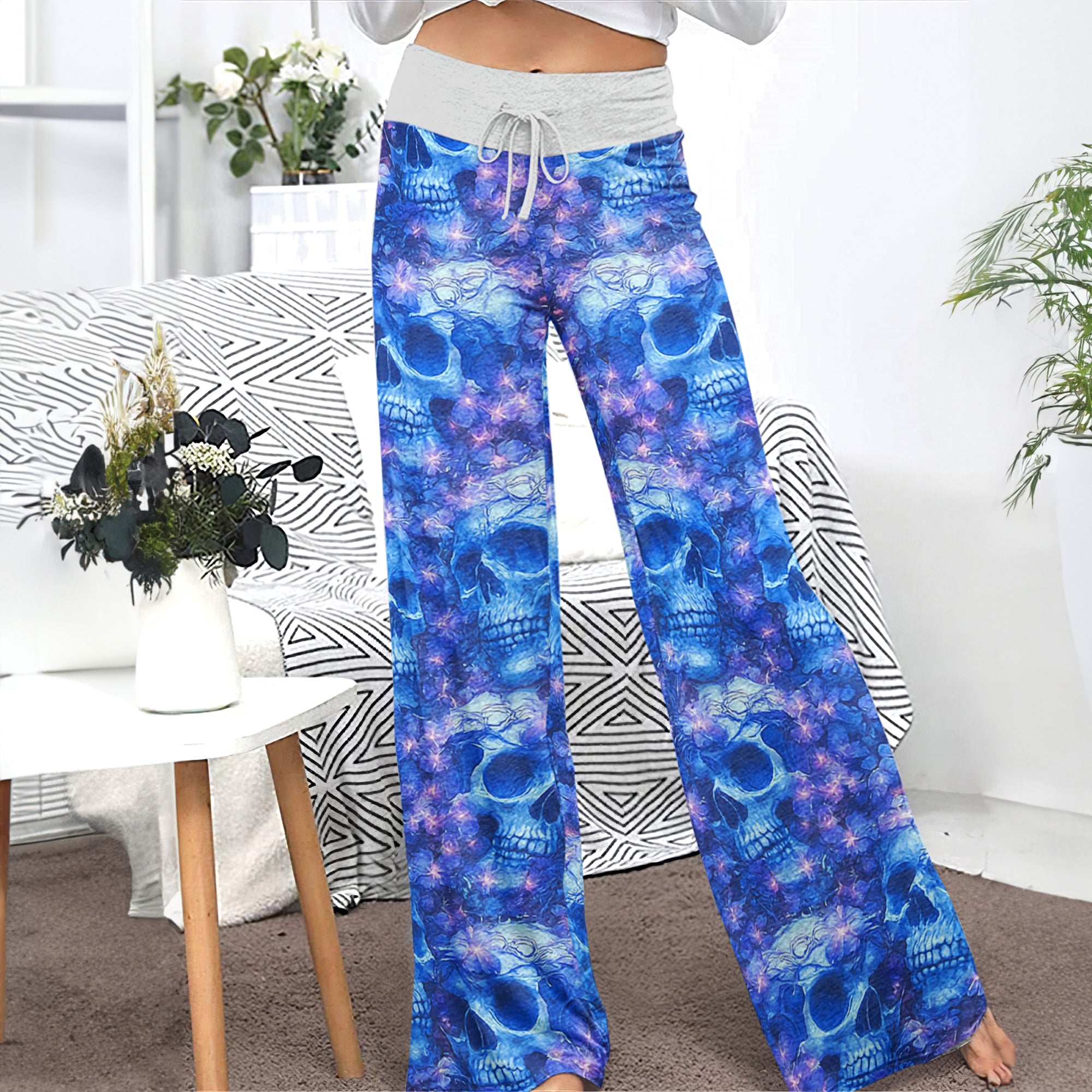 Blue Skull Orchid Pattern Women's High-waisted Wide Leg Pants