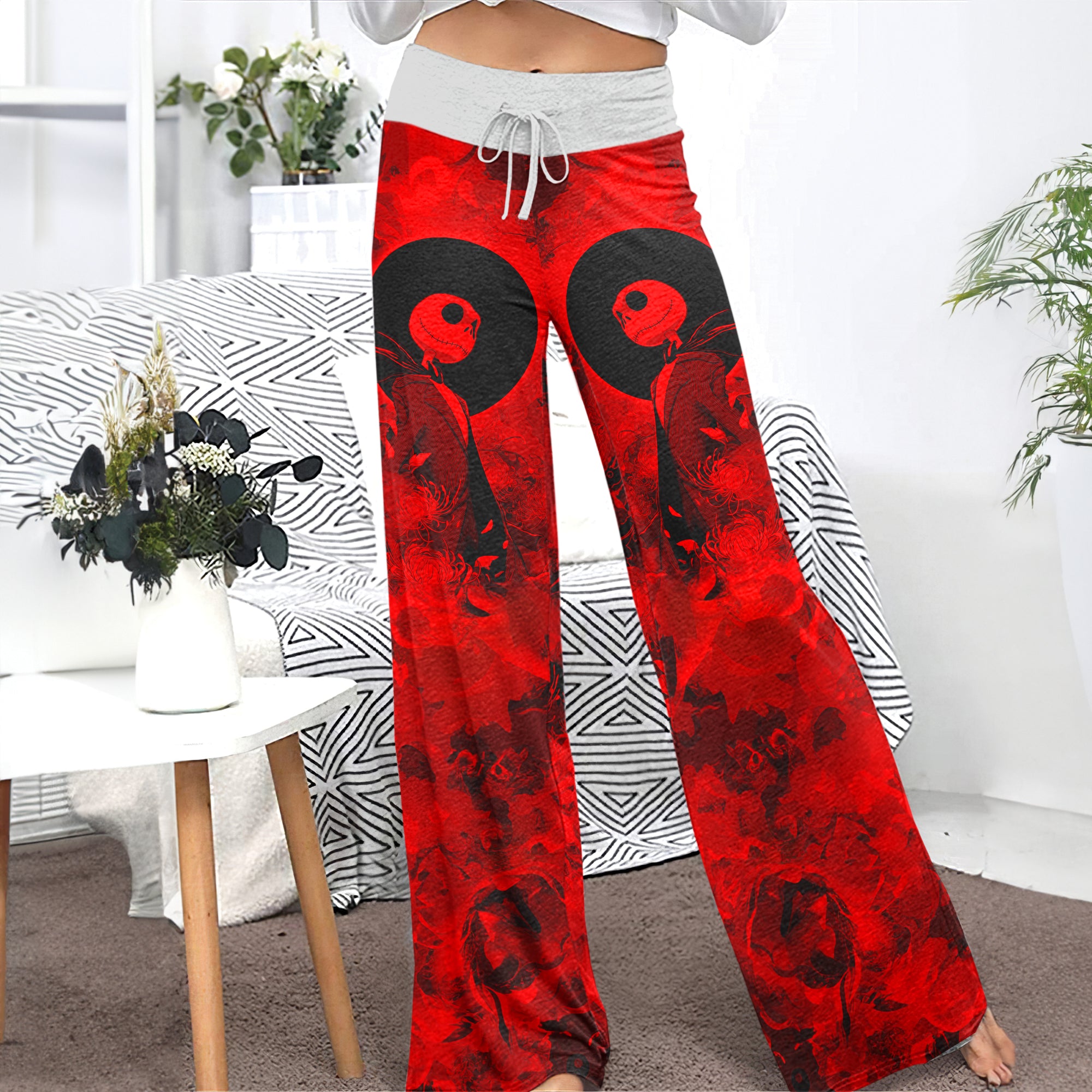 Gothic Skeleton Red Floral Women's High-waisted Wide Leg Pants