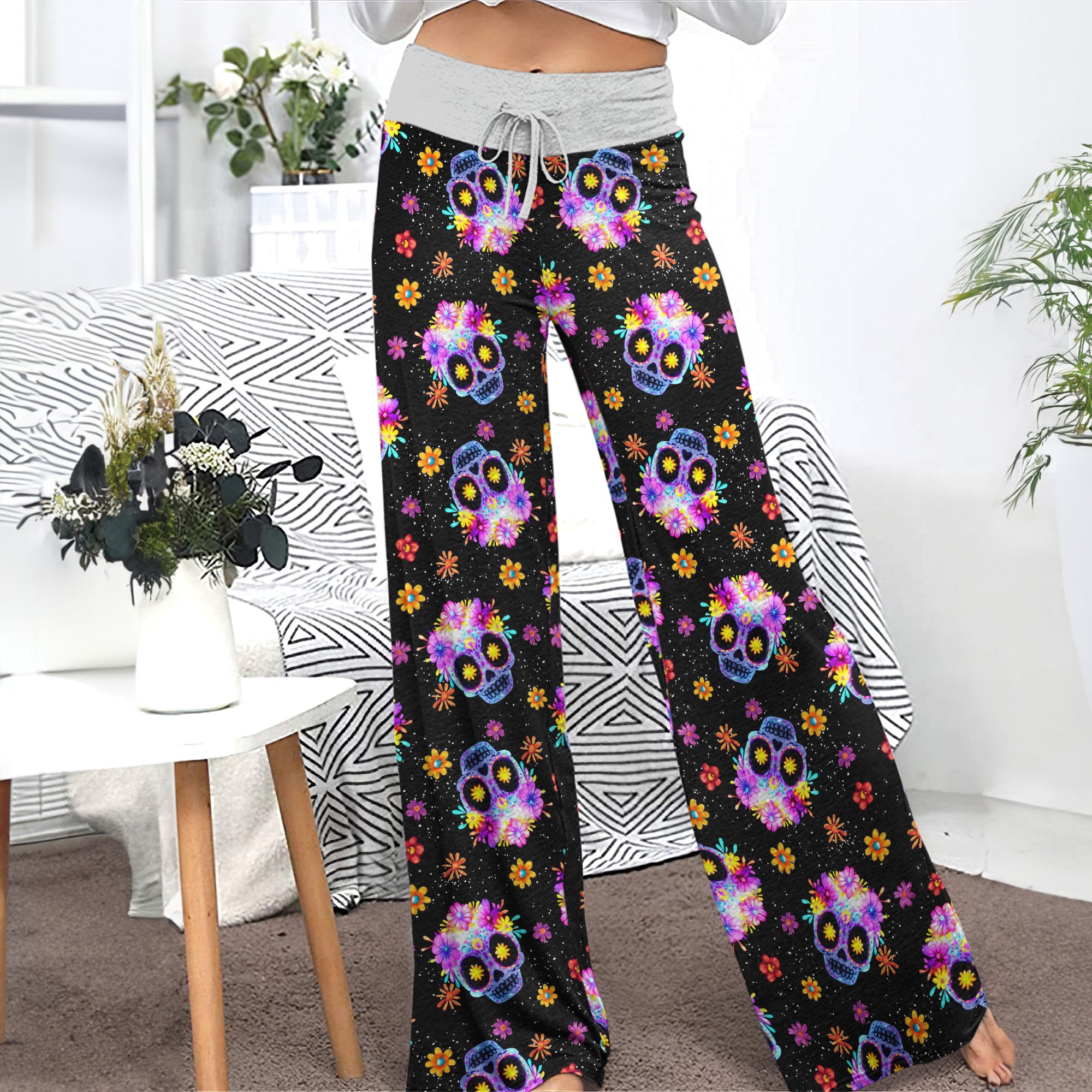Colorful Skull Flower Pattern Women's High-waisted Wide Leg Pants