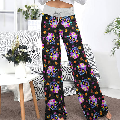 Colorful Skull Flower Pattern Women's High-waisted Wide Leg Pants