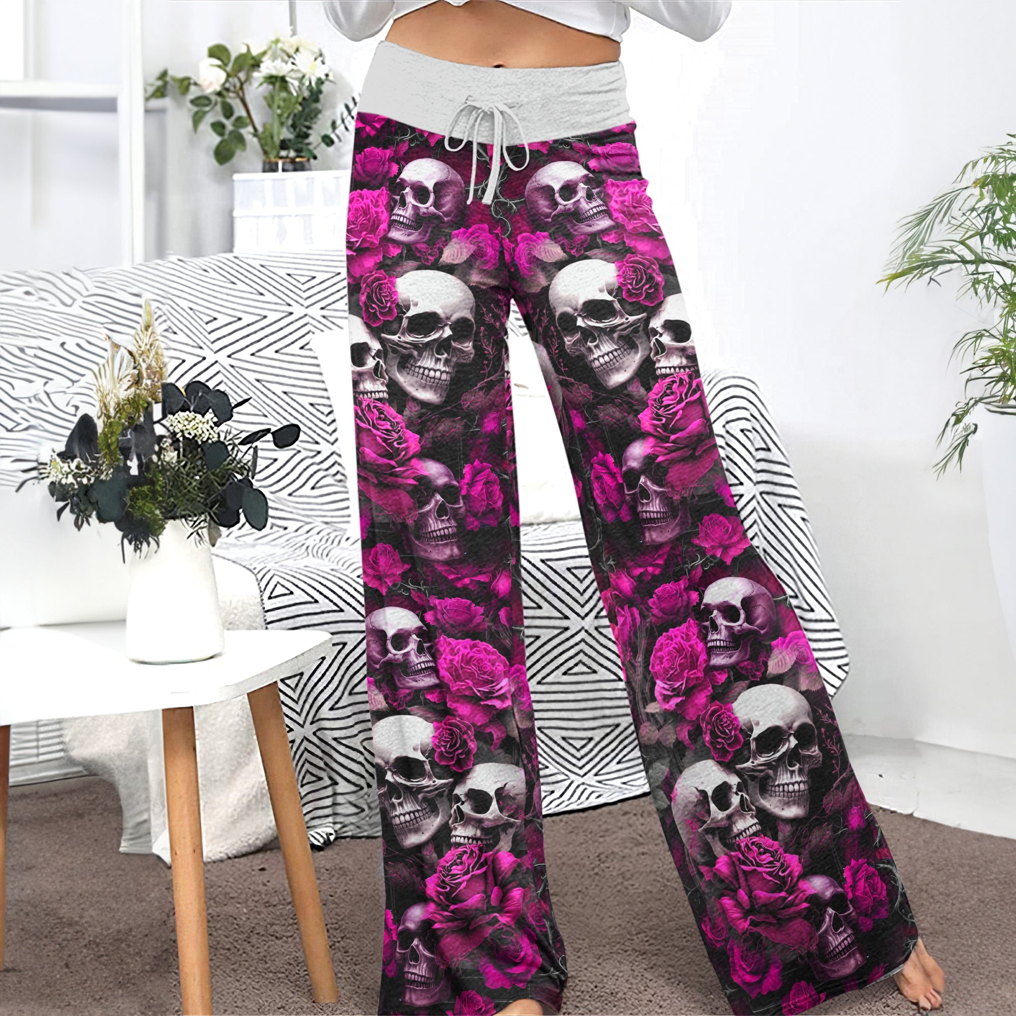 Pink Skull Verdant Whisper Women's High-waisted Wide Leg Pants