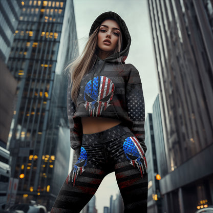 Women Hoodie and Leggings, US Flag Skull Art Outwear Pants Outfit