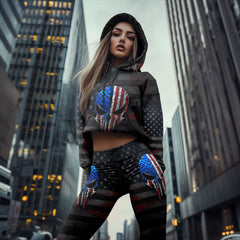 Women Hoodie and Leggings, US Flag Skull Art Outwear Pants Outfit