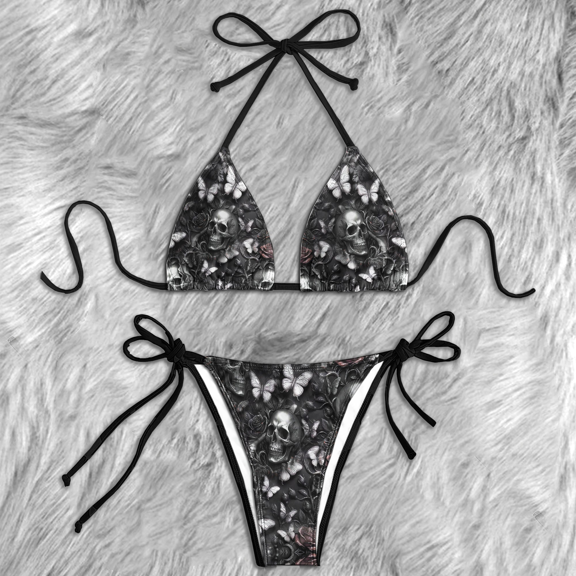 Metallic Skull Butterfly Relief Micro Triangle Bikini Swimsuit