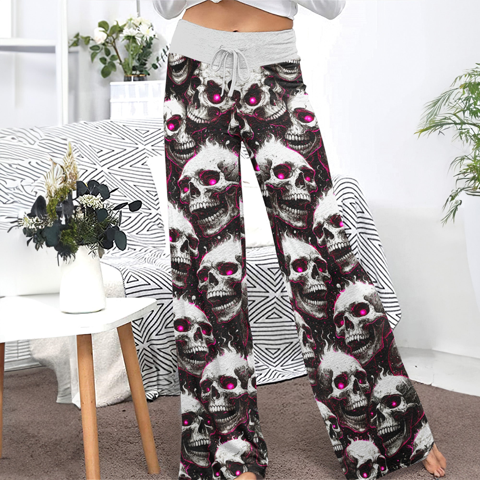 Fiery Skull Pink Eyes Women's High-waisted Wide Leg Pants