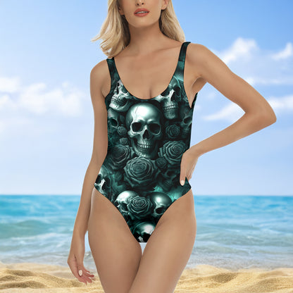 One Piece Bikini Dark Skulls Rose Print Swimwear