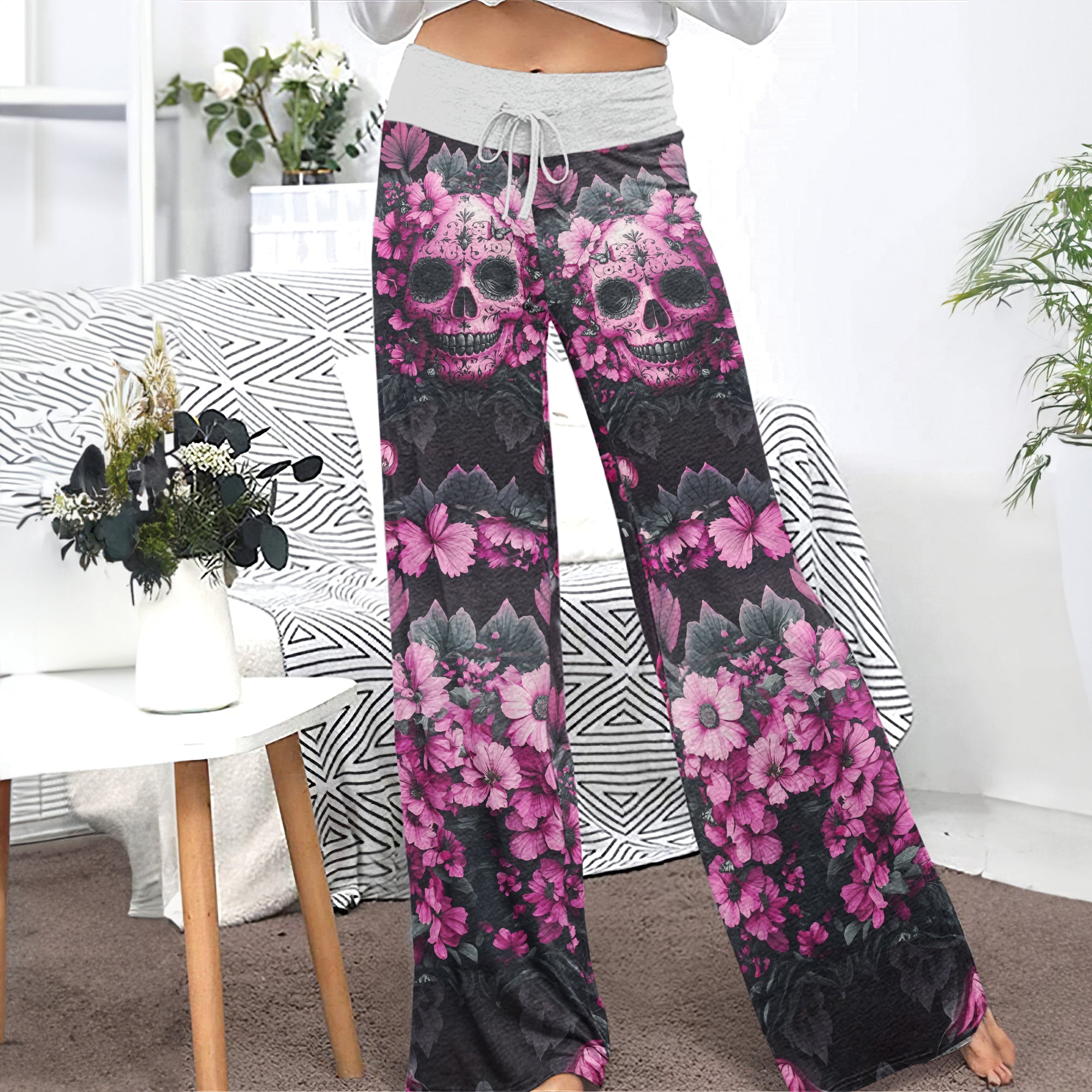 Pink Skull Flower Women's High-waisted Wide Leg Pants