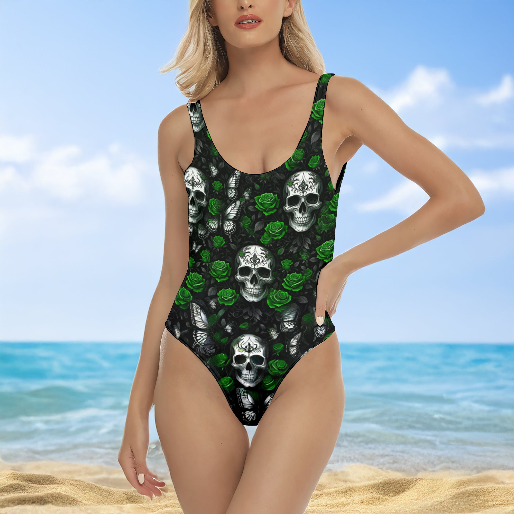 One Piece Bikini Emerald Skull Garden Print Swimwear
