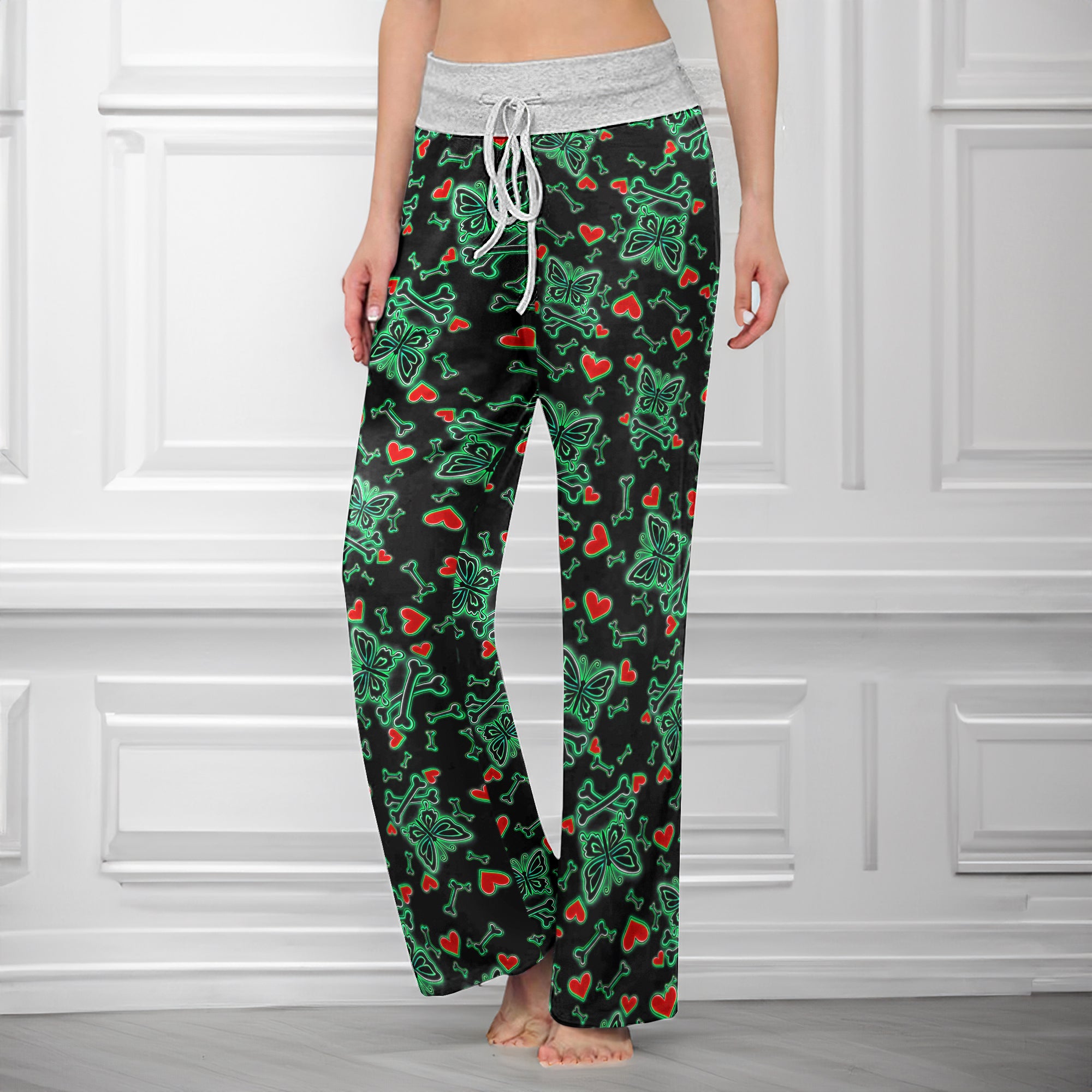 Midnight Glow Skulls Butterfly Women's High-waisted Wide Leg Pants