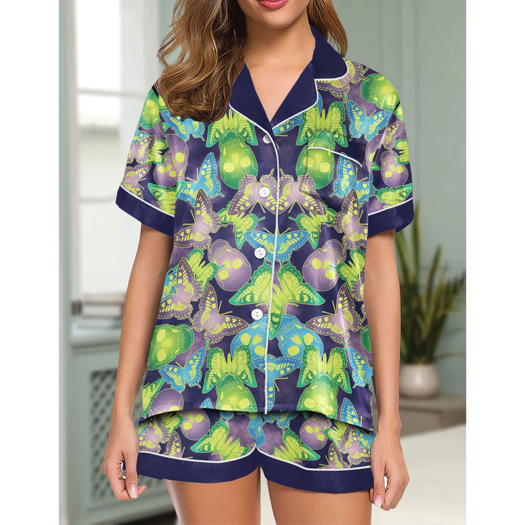 Chic and stylish women's pajama set with unique design prints and statement sleeves, Soft and luxurious fabrics make this pajama set perfect for bedtime or lounging at home.