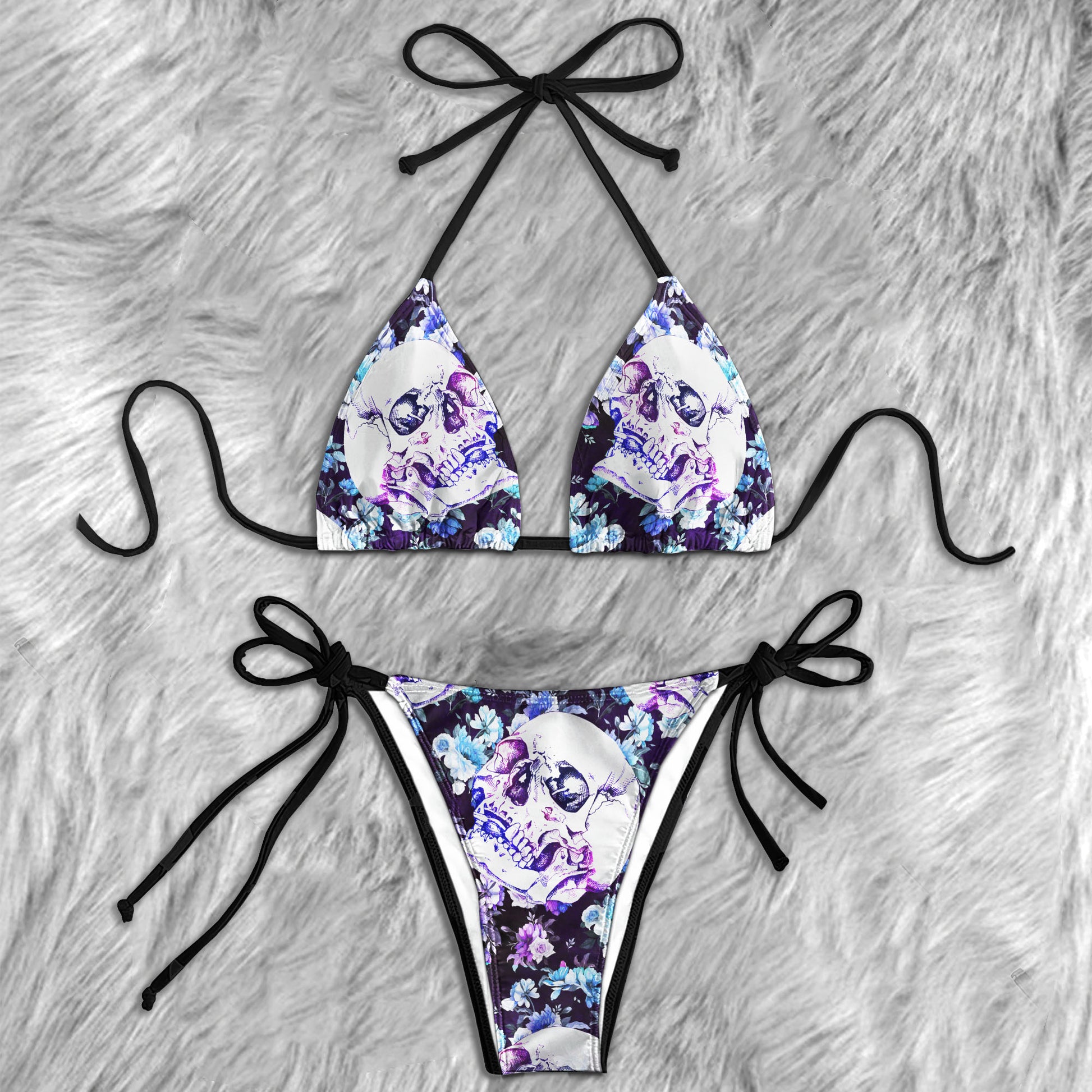 Purple Skull Floral Art Micro Triangle Bikini Swimsuit - Wonder Skull