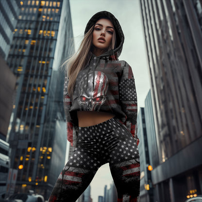 Women Hoodie and Leggings, Shadow Patriot Metallic Skull Outwear Pants Outfit