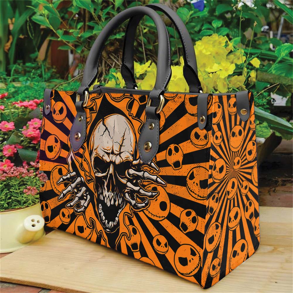 Orange Skull Burst Structured Tote Bag Multi-Pocket Handbag